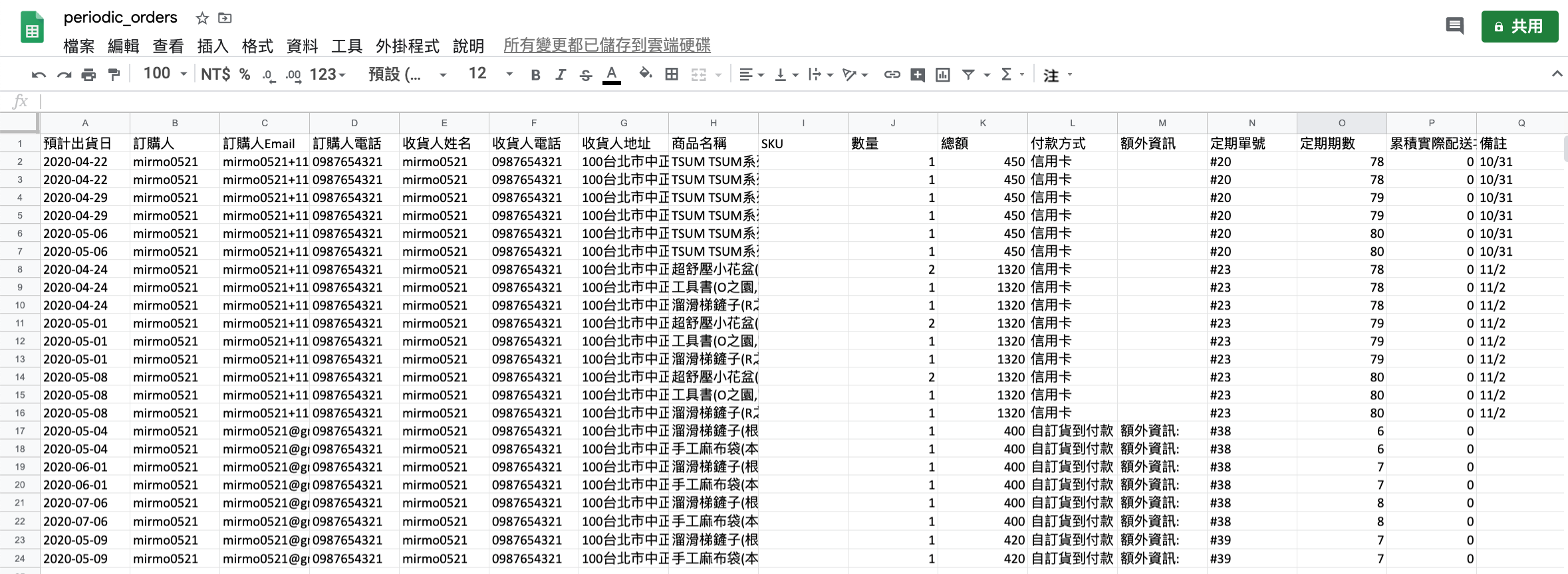 定期訂單的子訂單報表